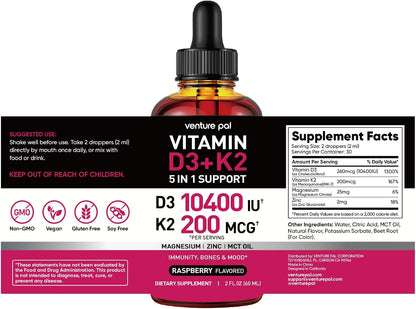 5-in-1 Vitamin D3 K2 Drops, Vitamin D3 10400 IU & K2(MK-7) 200mcg | With Magnesium, MCT Oil, Zinc, Maximum Absorption Vitamin D Liquid for Bone, Mood & Immune - Sugar Free | 2 FL OZ | 60 Days