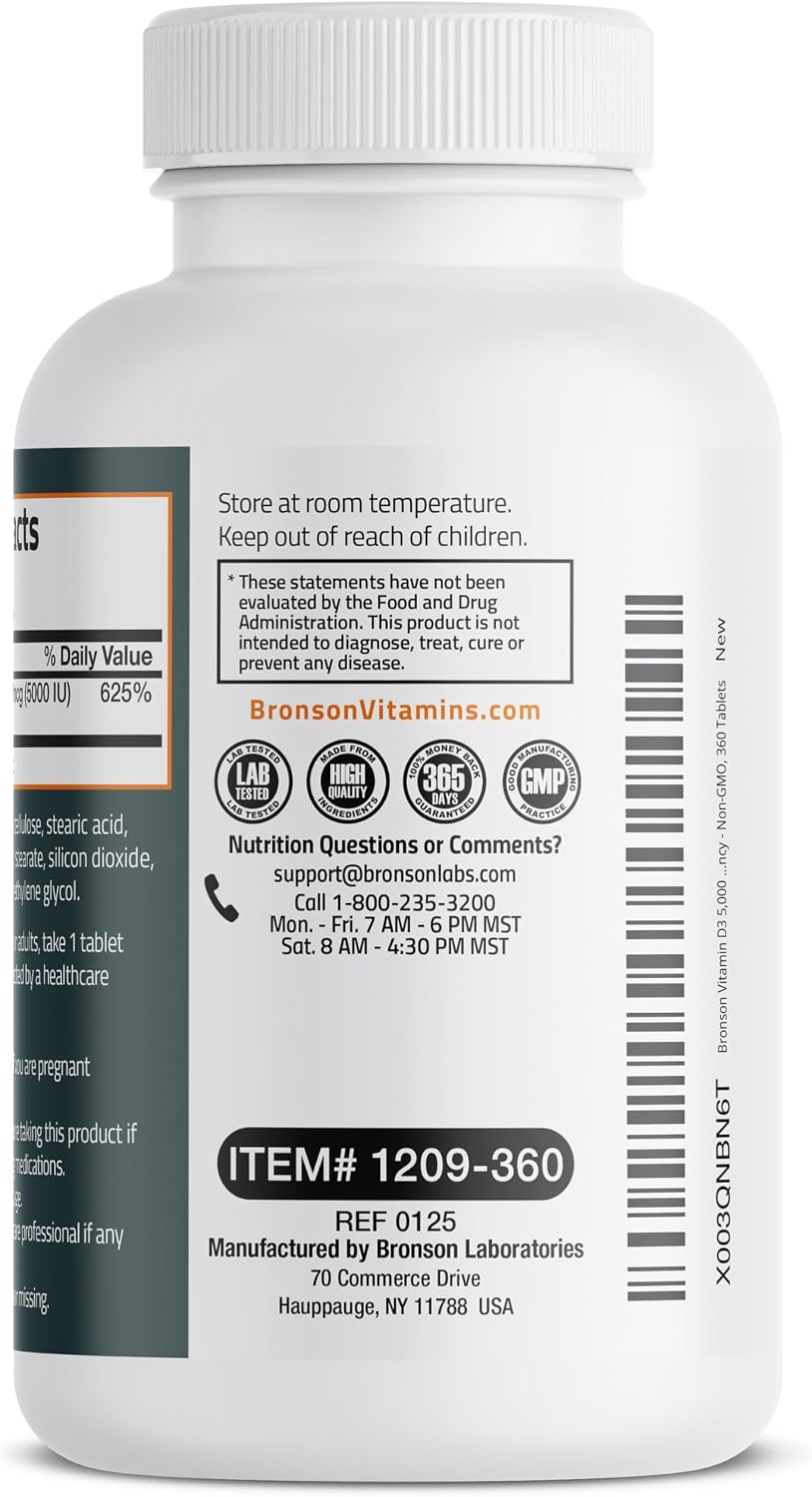 Bronson Vitamin D3 5000iu (125mcg) Non-GMO Gluten-Free Soy-Free 360 Tablets | Immune, Bone, Joint, Breast, Heart, and Colon Health Supplement