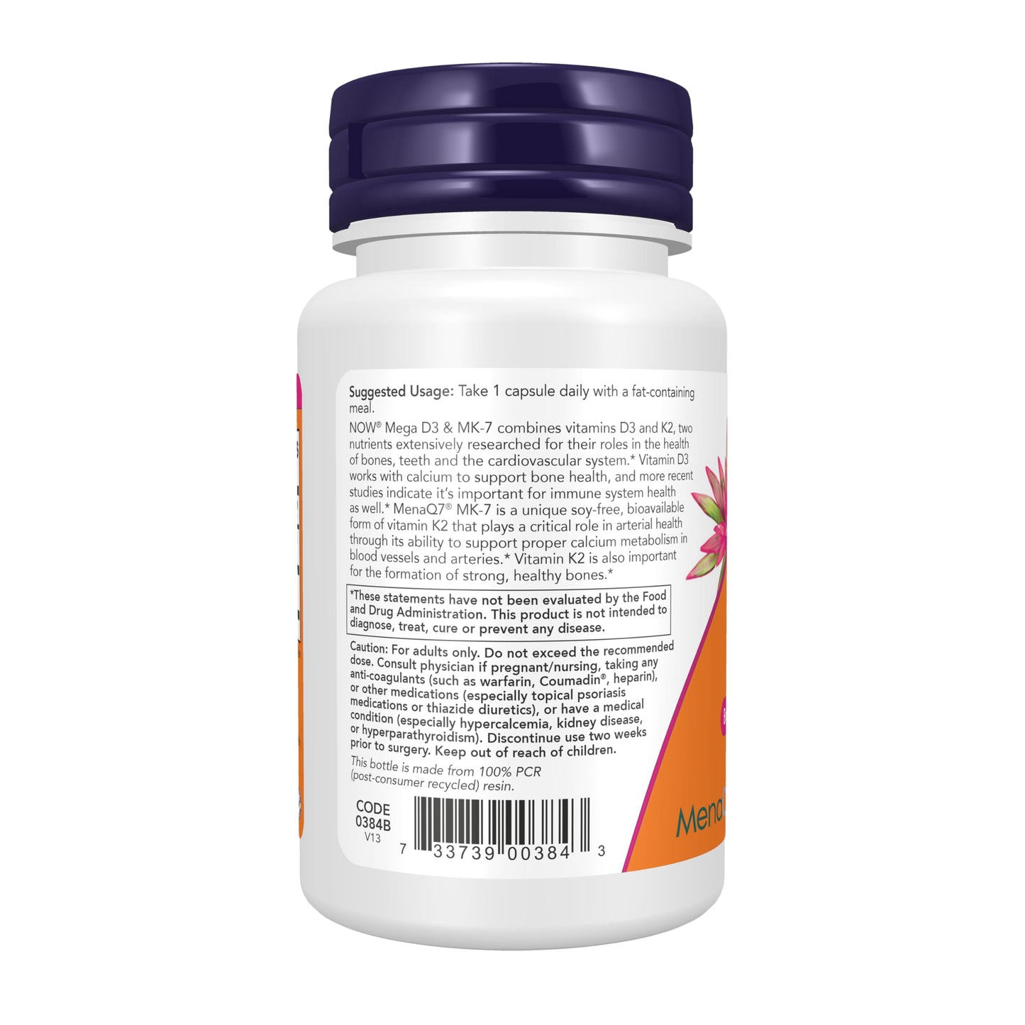 NOW Foods Supplements, Mega D-3 & MK-7 with Vitamins D-3 & K-2, 5,000 IU/180 mcg, Bone & Cardiovascular Support*, 60 Veg Capsules