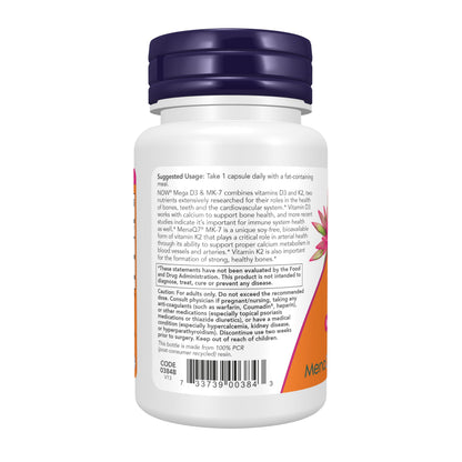 NOW Foods Supplements, Mega D-3 & MK-7 with Vitamins D-3 & K-2, 5,000 IU/180 mcg, Bone & Cardiovascular Support*, 60 Veg Capsules