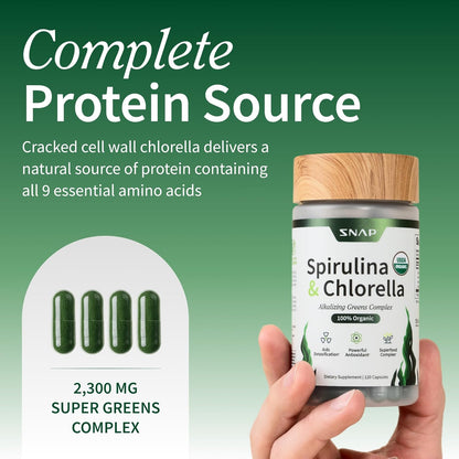 Snap Supplements USDA Organic Spirulina and Chlorella, 120 Vegan Capsules | Certified Organic Protein Rich Blue Green Algae Superfood Supplement for Energy and Immune Support, Non-GMO 30 Day-Supply