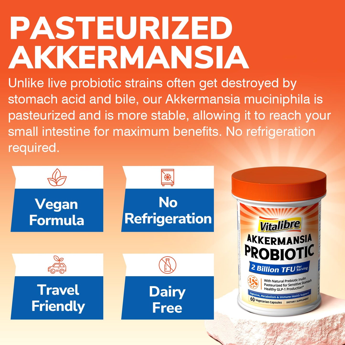 Vitalibre Akkermansia Muciniphila Probiotic 1 Billion TFU, w/Natural Prebiotic Inulin, Naturally Increases GLP-1, Healthy Digestion & Metabolism, Probiotic Supplement for Women & Men, 30 Capsules