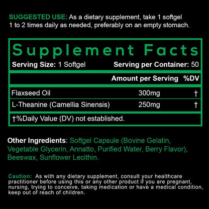 L-Theanine 250mg with Flaxseed Oil for Daily Calm Focus, 50 Liquid Softgels | Non-drowsy amino acid support for mental clarity, balanced mood and reduced caffeine jitters in easy-to-swallow softgels.