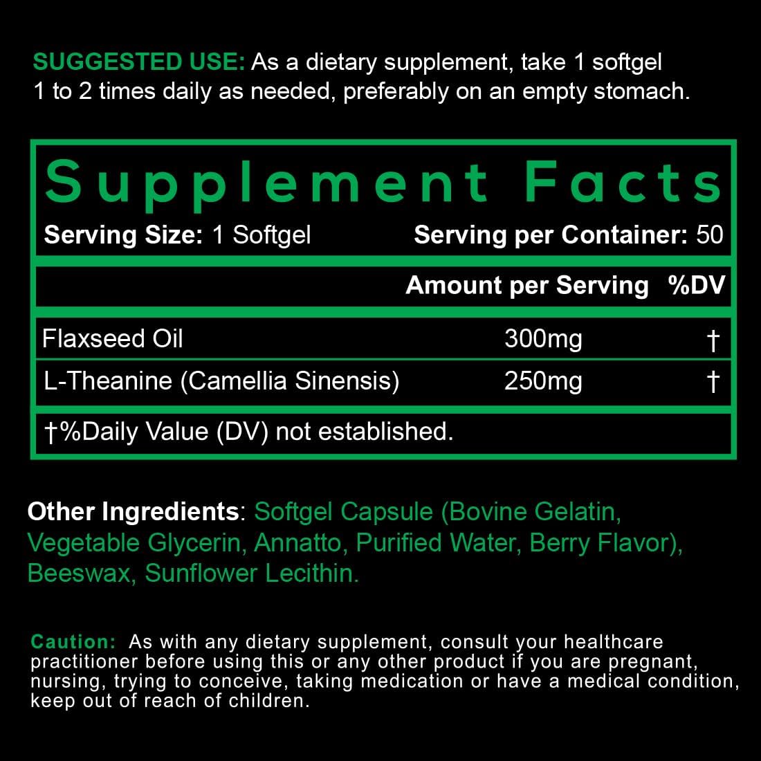 3-Pack L-Theanine 250mg with Flaxseed Oil, Calm Focus, 150 Liquid Softgels | Non-drowsy amino acid support for mental clarity, balanced mood and reduced caffeine jitters in easy-to-swallow softgels.