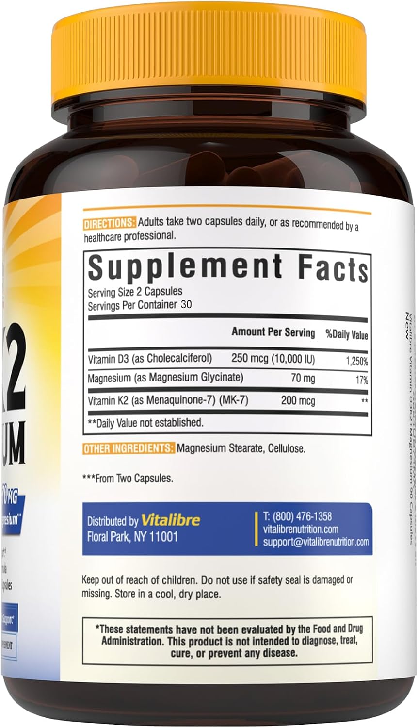 Vitalibre D3 K2 + Magnesium Supplement, 10000 IU Vitamin D3 & 200 mcg K2, with Magnesium Glycinate, Bone, Teeth, Immune & Energy Support, High Absorption, Non-GMO, Easy to Swallow, 60 Capsules