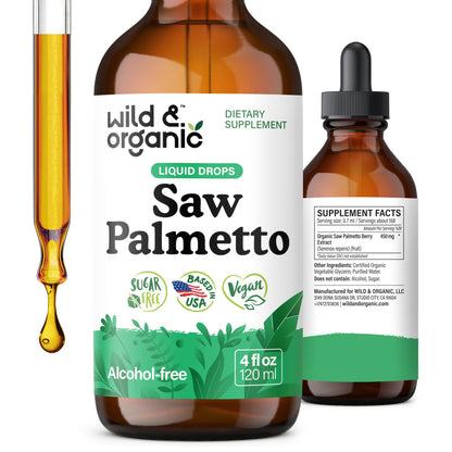 Wild & Organic Saw Palmetto for Men & Women - Urinary Tract & Hair Support - Saw Palmetto Extract Liquid Drops - Add to Tea - Serenoa Repens Berries Supplement - Vegan, Sugar & Alcohol-Free - 4 fl oz