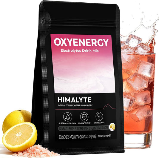 OxyEnergy Electrolytes Packets Powder, Daily Hydration Packets, Sugar Free | Instantly Hydrating & Party Recovery | Plant Based | Keto Friendly | Vegan, Lemon Drink Mix (30 Servings)