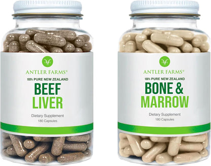 Antler Farms New Zealand Beef Liver & Bone Marrow Bundle | Grass Fed Beef Liver and Bone Marrow Supplement Bundle, Desiccated, Cold Processed, Pure and Clean Capsules