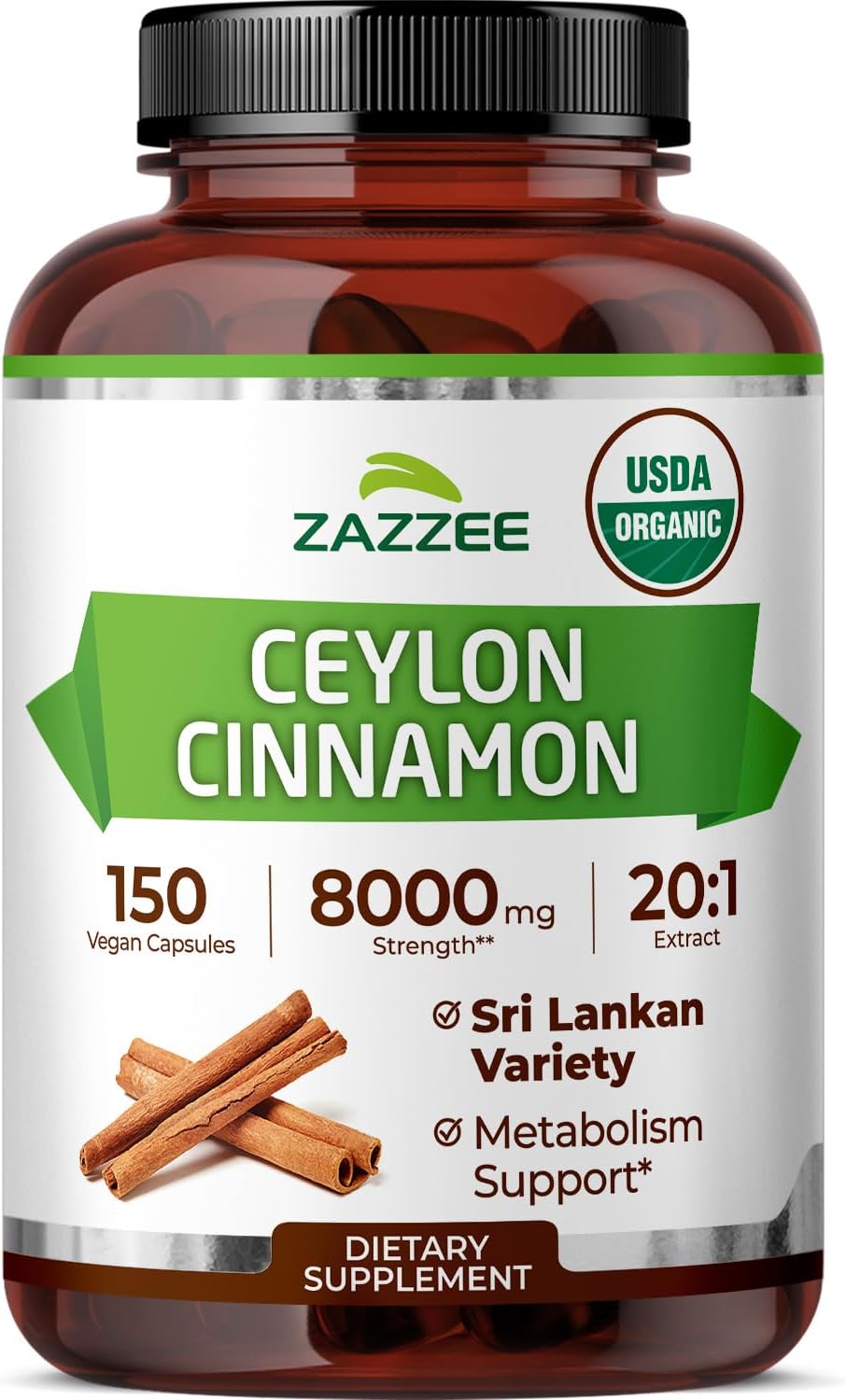 Zazzee USDA Organic Ceylon Cinnamon 20:1 Extract, 150 Vegan Capsules, 5 Month Supply, Sri Lankan Variety, Cinnamomum Verum, Antioxidant & Metabolic Support, All-Natural, Non-GMO, Made in the USA