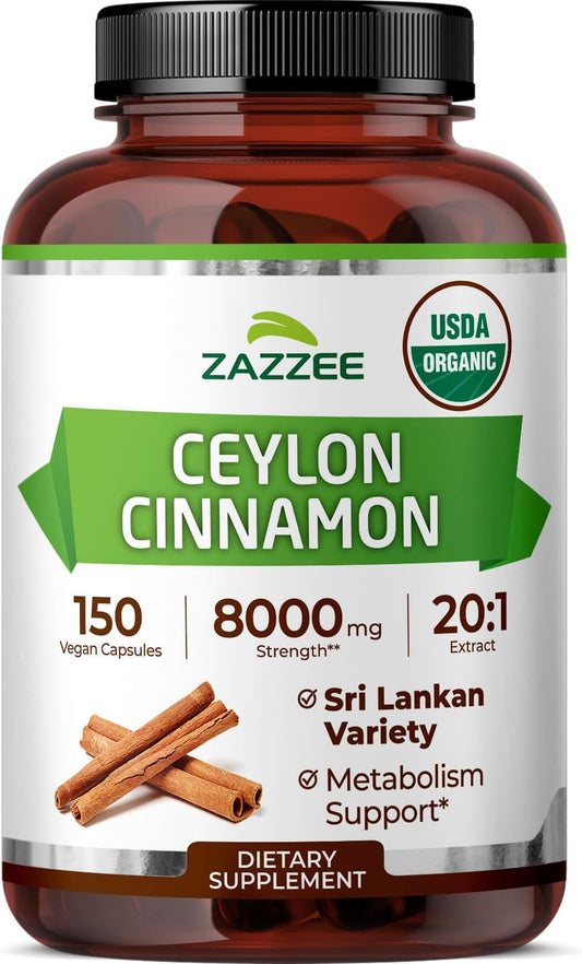Zazzee USDA Organic Ceylon Cinnamon 20:1 Extract, 150 Vegan Capsules, 5 Month Supply, Sri Lankan Variety, Cinnamomum Verum, Antioxidant & Metabolic Support, All-Natural, Non-GMO, Made in the USA