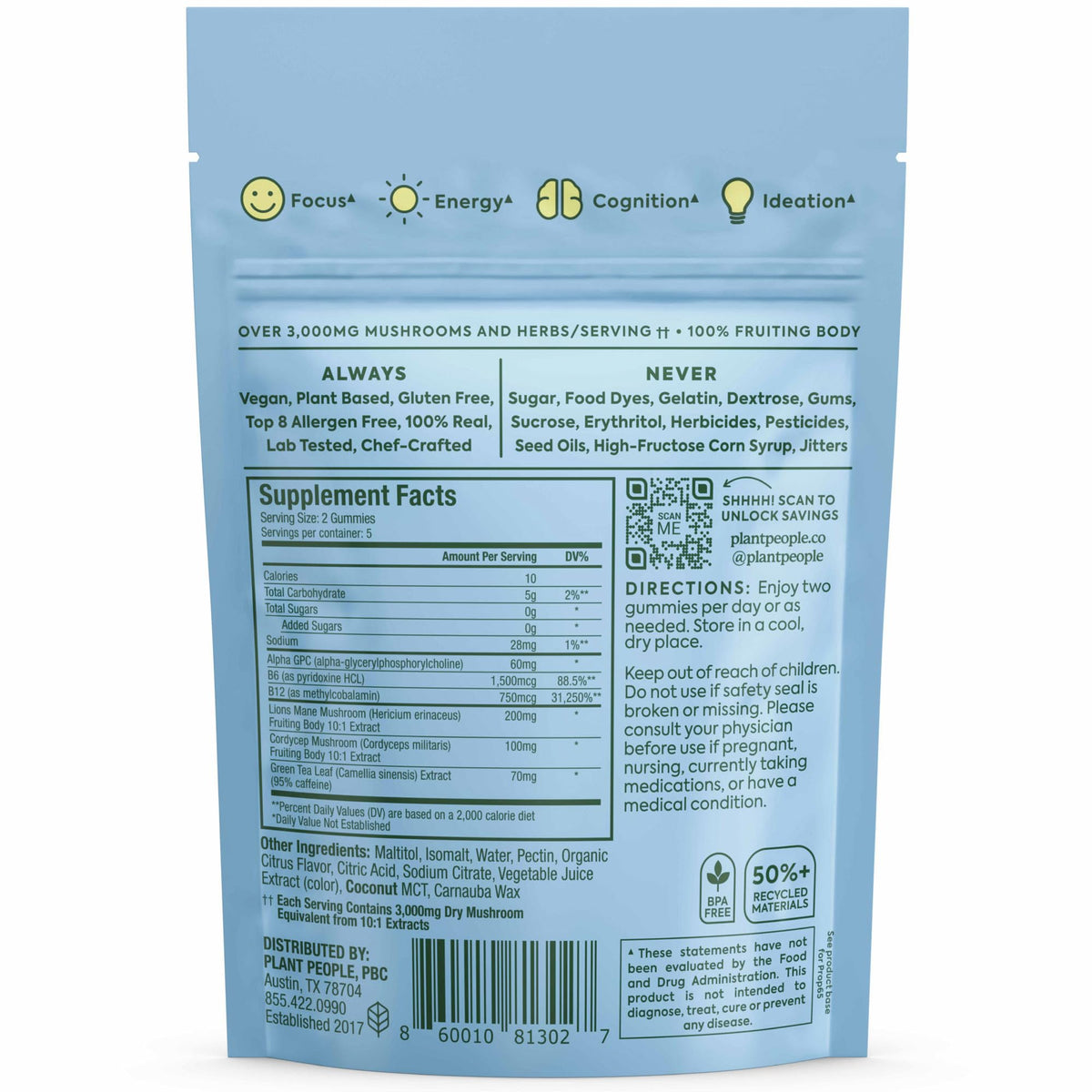 Plant People WonderFocus Mushroom Gummies with Lion’s Mane & Cordyceps 60ct