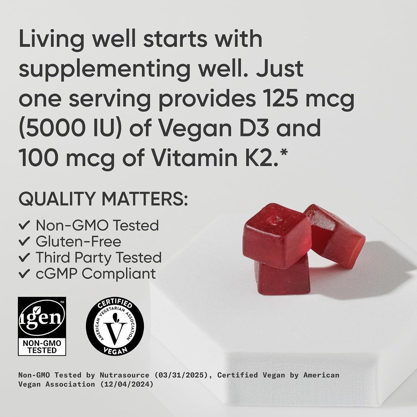 Sports Research® Vegan Vitamin D3 + K2 Sugar-Free Gummies - 125mcg (5000iu) Vitamin D w/ 100mcg Mk7 Vitamin K - Supports Bone & Immune Health* - Vegan Certified · Non-GMO · Soy Free - 60 Count