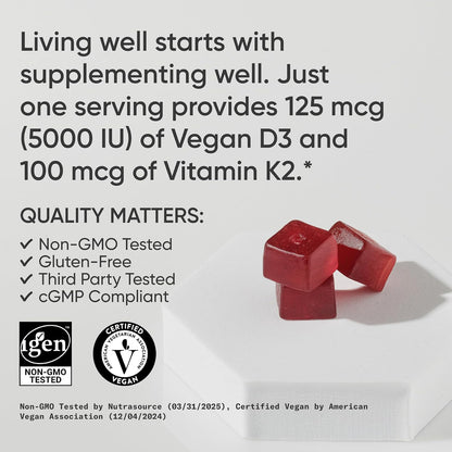 Sports Research® Vegan Vitamin D3 + K2 Sugar-Free Gummies - 125mcg (5000iu) Vitamin D w/ 100mcg Mk7 Vitamin K - Supports Bone & Immune Health* - Vegan Certified · Non-GMO · Soy Free - 60 Count
