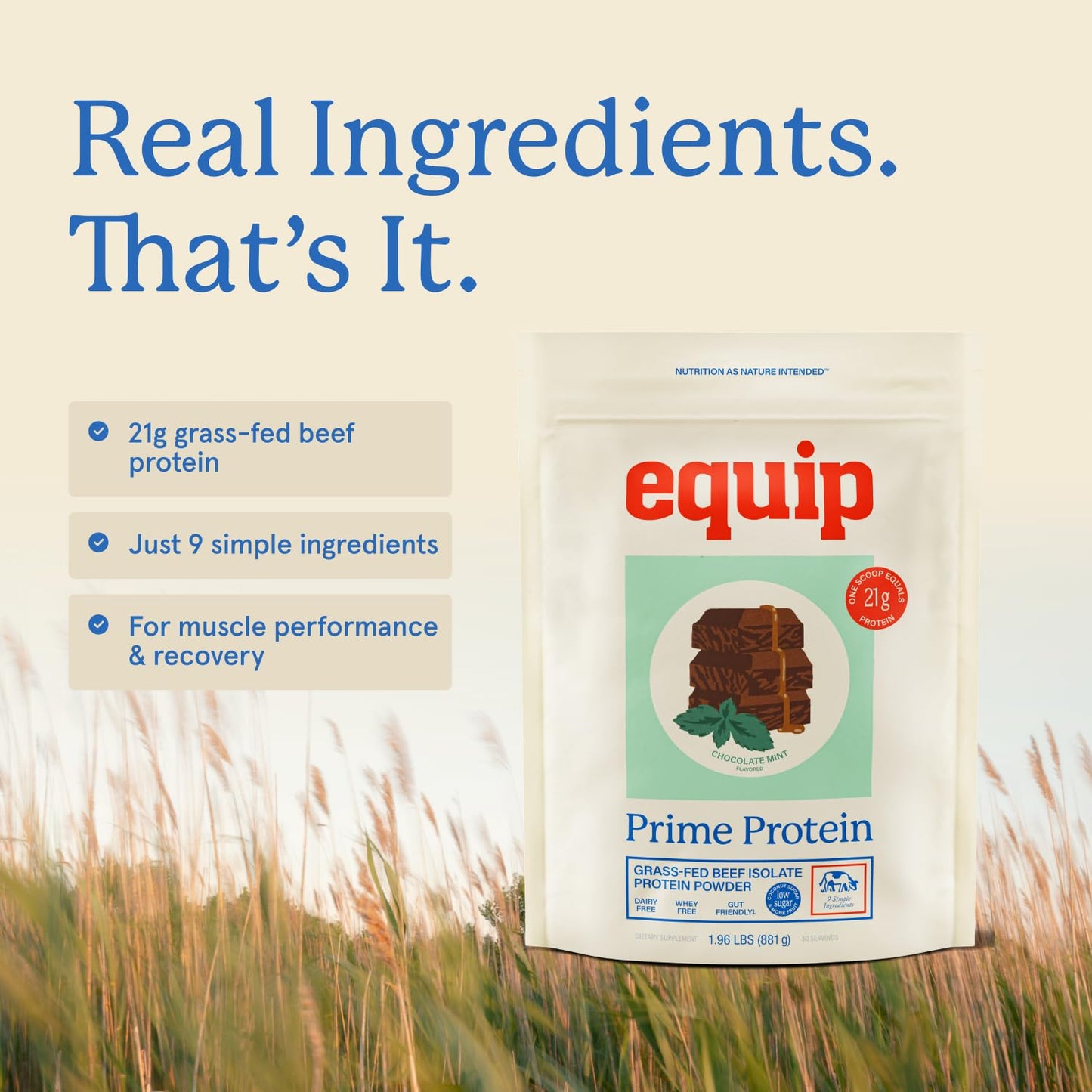 Equip Prime Chocolate Protein Powder - Gut-Friendly, No Sugar Protein Shake Powder with Grass-Fed Beef & Natural Collagen - Rich & Creamy Mix - 21g Per Serving - Whey & Dairy-Free (30 Scoops)