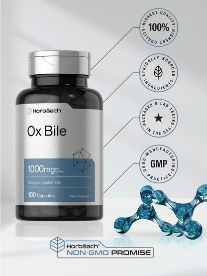 Ox Bile 1000 mg 100 Capsules | Digestive Enzymes Supplement | Non-GMO & Gluten Free
