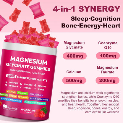 Magnesium Glycinate Gummies 600mg, High Absorption Magnesium Complex, Sugar Free Chewables Gummies with VitaminD & B6, CQ10 for Adults & Kids, Relaxation, Muscle & Zzz Support