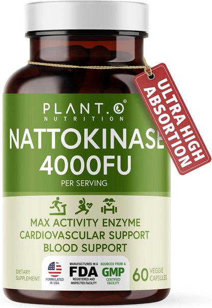 PLANT.O NUTRITION Nattokinase Supplement with Max Enzyme Support - 4,000 FU Per Serving - Premium Nattokinase Formula for Heart Health Support - 60 Capsules - Made in USA