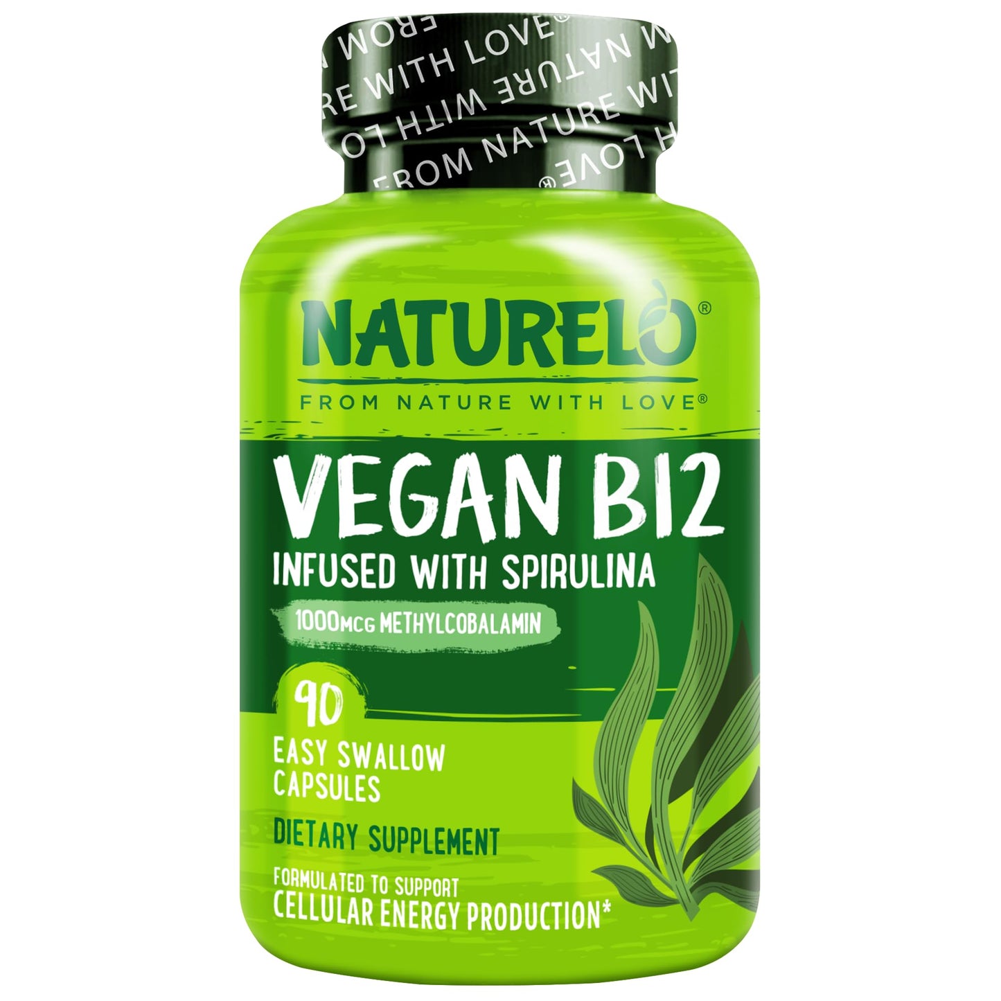 NATURELO Vegan B12 - Methyl B12 with Organic Spirulina - High Potency Vitamin B12 1000 mcg Methylcobalamin - Supports Healthy Mood, Energy, Heart & Eye Health - 90 Capsules