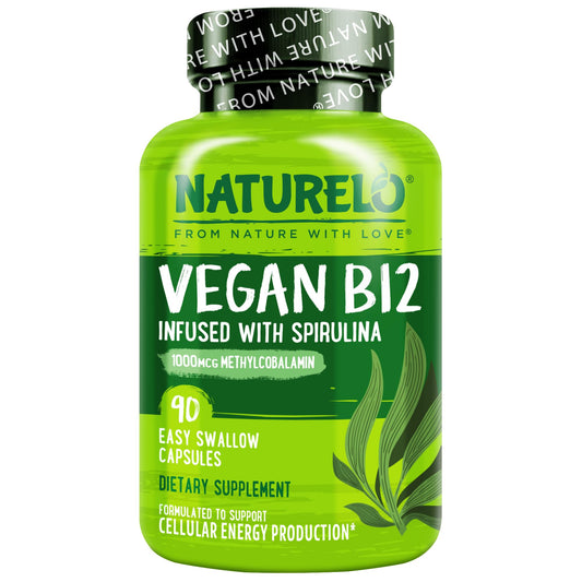 NATURELO Vegan B12 - Methyl B12 with Organic Spirulina - High Potency Vitamin B12 1000 mcg Methylcobalamin - Supports Healthy Mood, Energy, Heart & Eye Health - 90 Capsules