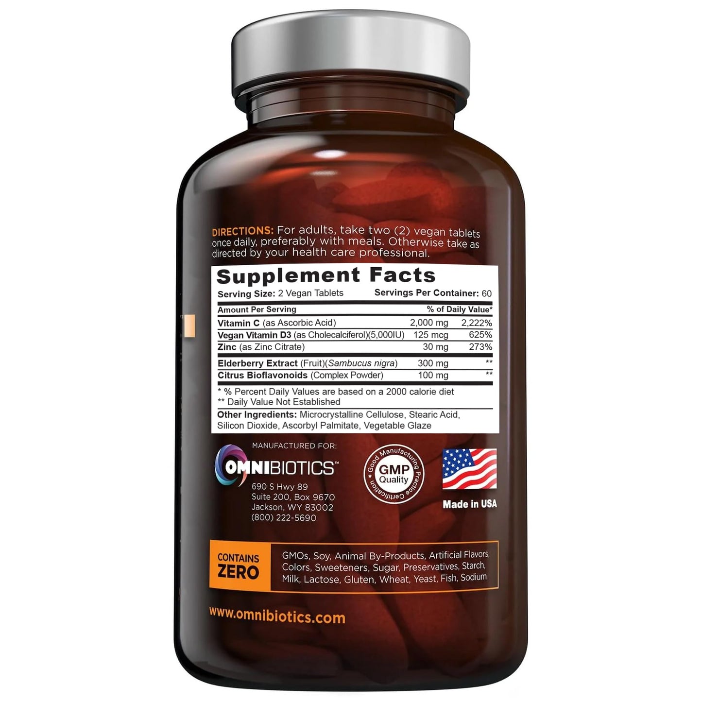 OmniBiotics Ultimate Vitamin C Supplement 2000mg – with Zinc, Elderberry Extract, and D3 – High Potency Immune Support & Collagen Booster – 120 Vegan Tablets