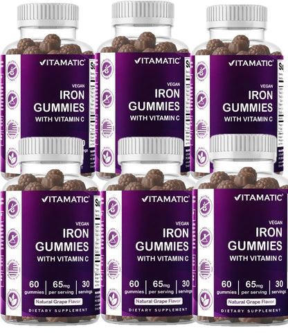 Vitamatic Iron 65 mg with Vitamin C - 60 Vegan Gummies, Made in USA | 65 mg Iron Per Serving, Natural Grape Flavor, Pectin Based, Gluten Free, Non-GMO