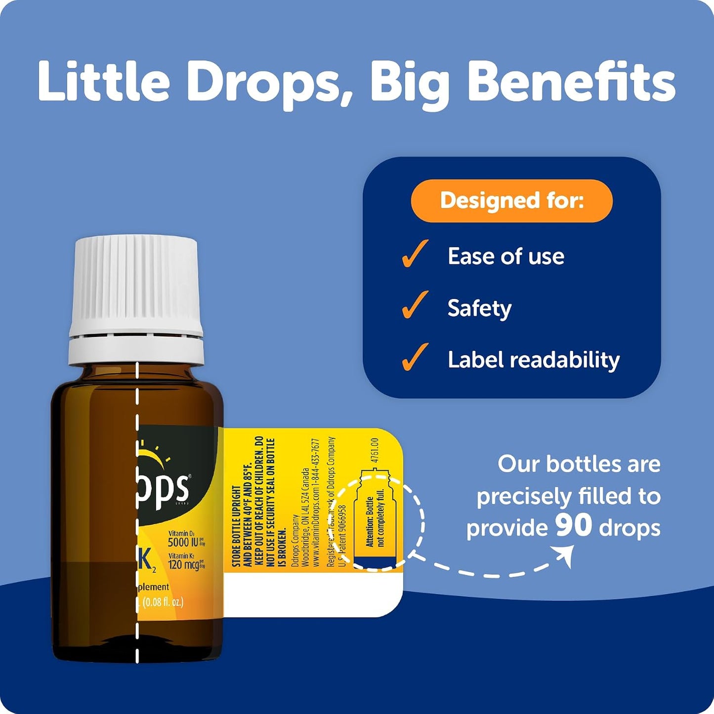 Ddrops Extra Strength 5000 IU Vitamin D3 + K2 90 Drops - Liquid Vitamin D3 & K2 (MK7) Supplement. Supporting Strong Bones, Immune System and Cardiovascular Health.