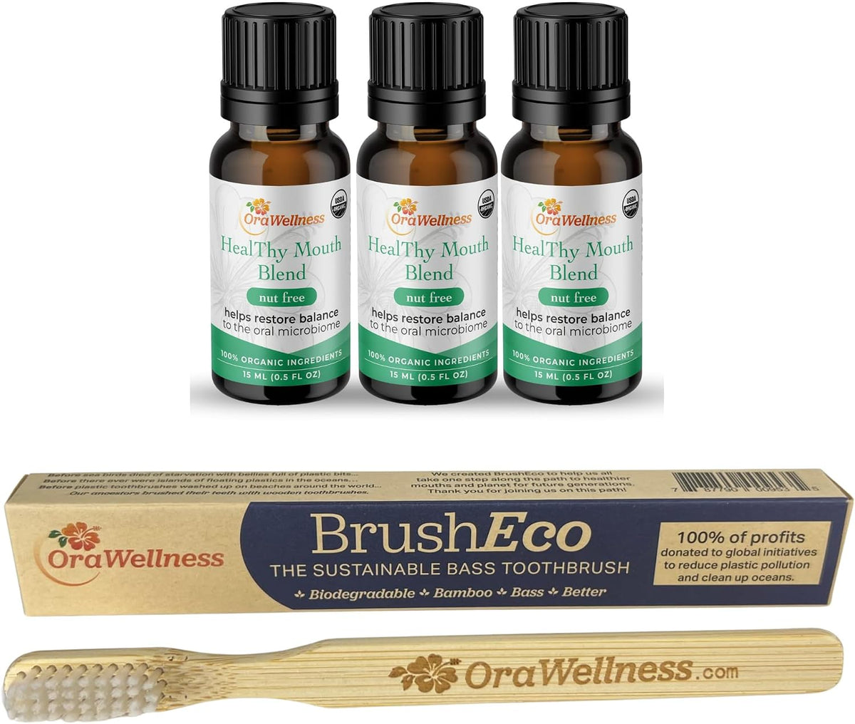 OraWellness Nut Free Healthy Mouth Blend Tooth Oil 3 Pack + BrushEco Bamboo Toothbrush with 4 Rows