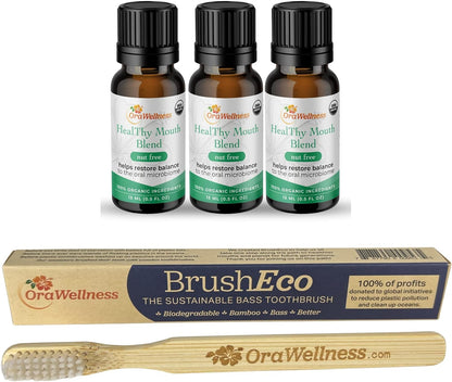 OraWellness Nut Free Healthy Mouth Blend Tooth Oil 3 Pack + BrushEco Bamboo Toothbrush with 4 Rows