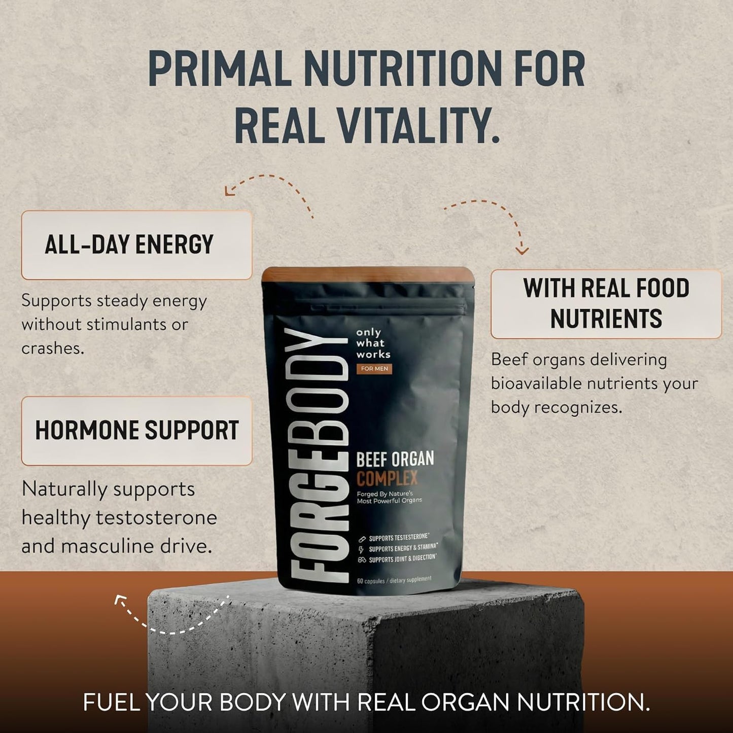 Forgebody Beef Liver & Organ Complex, Grass-Fed 5-Organ Supplement, 1 Month | Grass-fed beef liver, heart, bone marrow, pancreas, testicles, freeze-dried, non-GMO, ancestral nose-to-tail nutrition