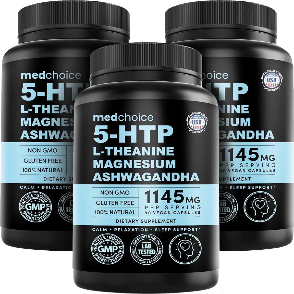 MEDCHOICE 15-in-1 Caffeine-Free Mood Support Supplement - 5HTP 200mg Capsules with L-Theanine, Magnesium, Ashwagandha, GABA, St. John's Wort and L-Tryptophan - 1145mg (90ct, Pack of 3)