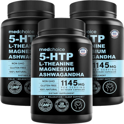 MEDCHOICE 15-in-1 Caffeine-Free Mood Support Supplement - 5HTP 200mg Capsules with L-Theanine, Magnesium, Ashwagandha, GABA, St. John's Wort and L-Tryptophan - 1145mg (90ct, Pack of 3)