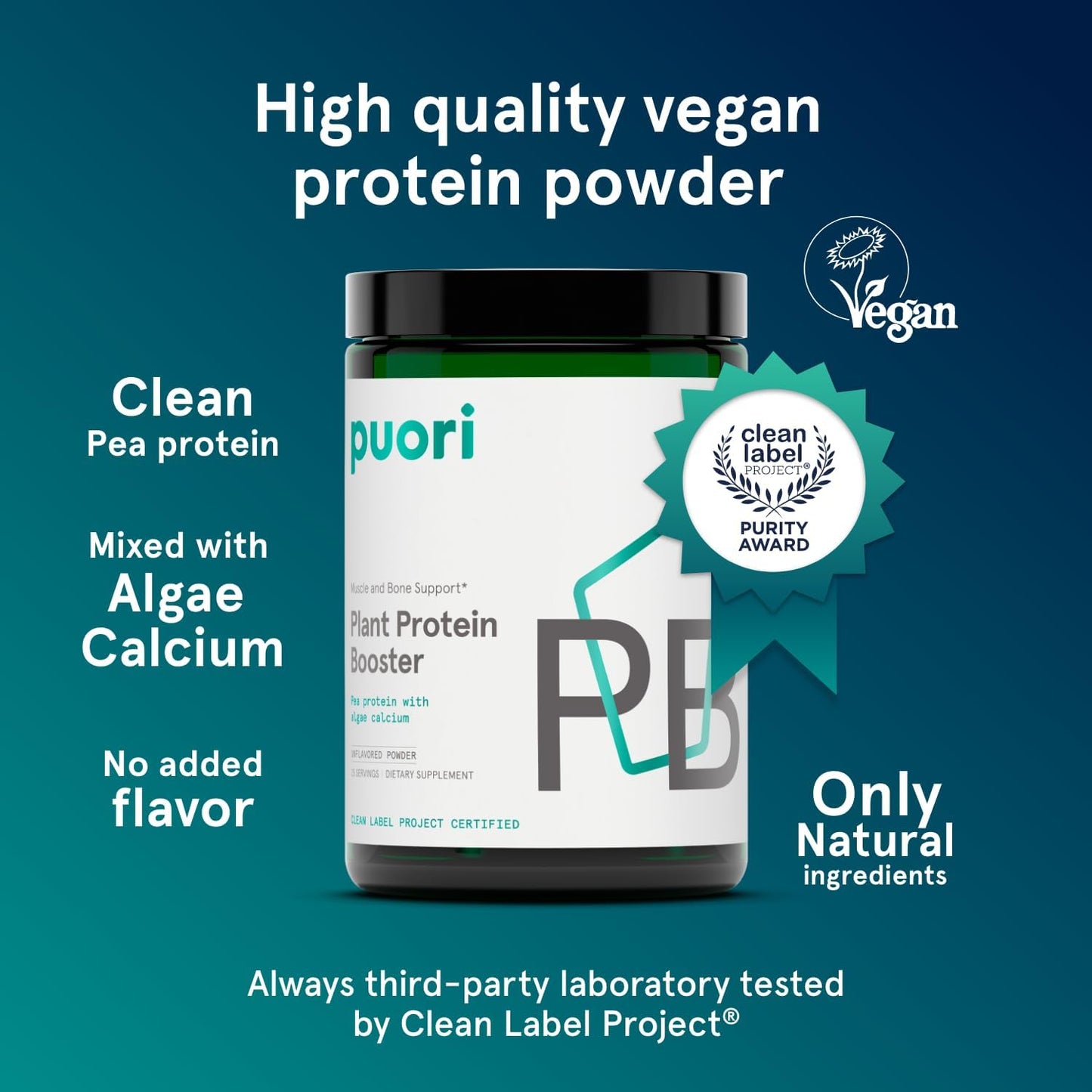 Puori Vegan Protein Powder, Unflavored - Plant-Based Protein Powder with Pea Protein, Algae Calcium - Workout Supplement for Sustained Energy, Bone Health, Muscle Recovery & Growth - 25 Servings