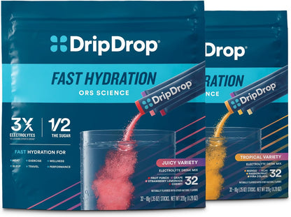 DripDrop Hydration Juicy Tropical Variety Bundle Electrolyte Packets, 64 Ct | Grape, Fruit Punch, Strawberry Lemonade, Cherry, Mango, Açaí, Passion Fruit & Piña Colada; Single Serve Powder Drink Mix