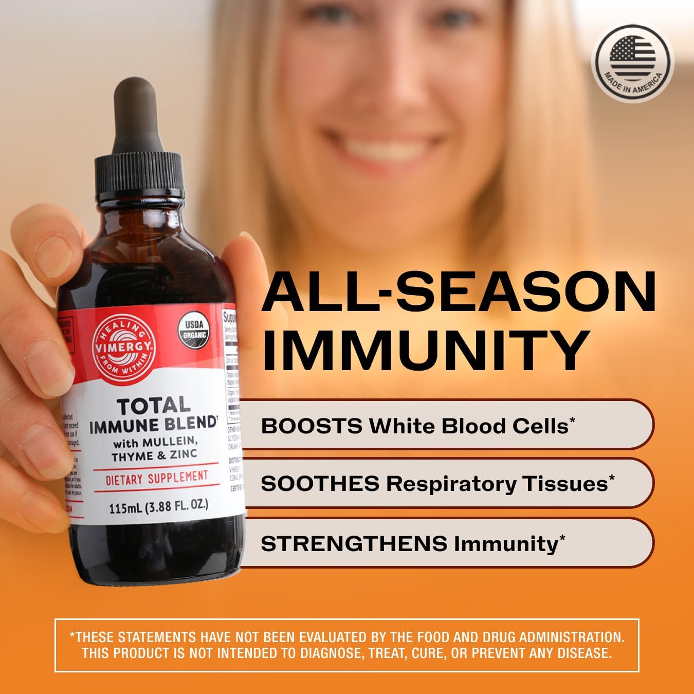 Vimergy USDA Organic Total Immune Blend* Liquid Supplement, 57 Servings Fast-Absorbing Immune Support – All-Season, Zinc, Thyme and Mullein Drops Non-GMO, Vegan (115 mL)