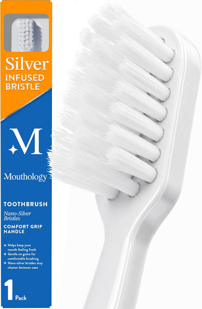Mouthology Nano Silver Ultra Soft Toothbrush Adults - Manual Extra Tooth Brush Sensitive Gums Teeth - White Handle Bristles