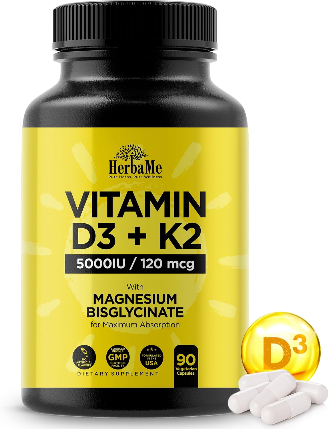 HerbaMe Vitamin D3 5000 IU + K2 with Magnesium Bisglycinate | Complete D3 Activation & Absorption Support Formula | Bone, Muscle & Immune Wellness | 90 Capsules