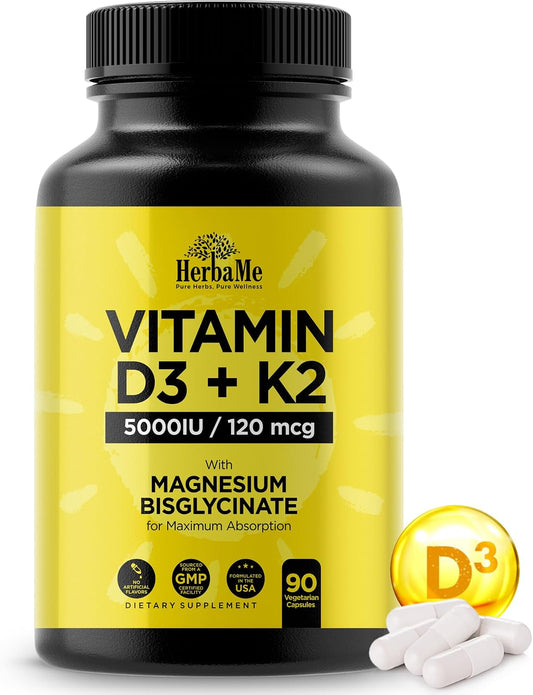 HerbaMe Vitamin D3 5000 IU + K2 with Magnesium Bisglycinate | Complete D3 Activation & Absorption Support Formula | Bone, Muscle & Immune Wellness | 90 Capsules