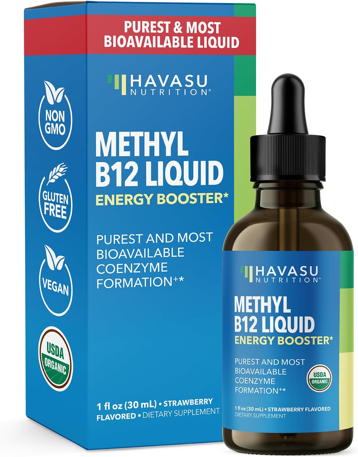 Organic Vitamin B12 Liquid Drops, Strawberry, Enhanced Energy, 1 Fl Oz | USDA Organic Vitamin B12 Liquid Drops, Highly Bioavailable Methylcobalamin for Nervous System Support, 30 Servings, Non-GMO