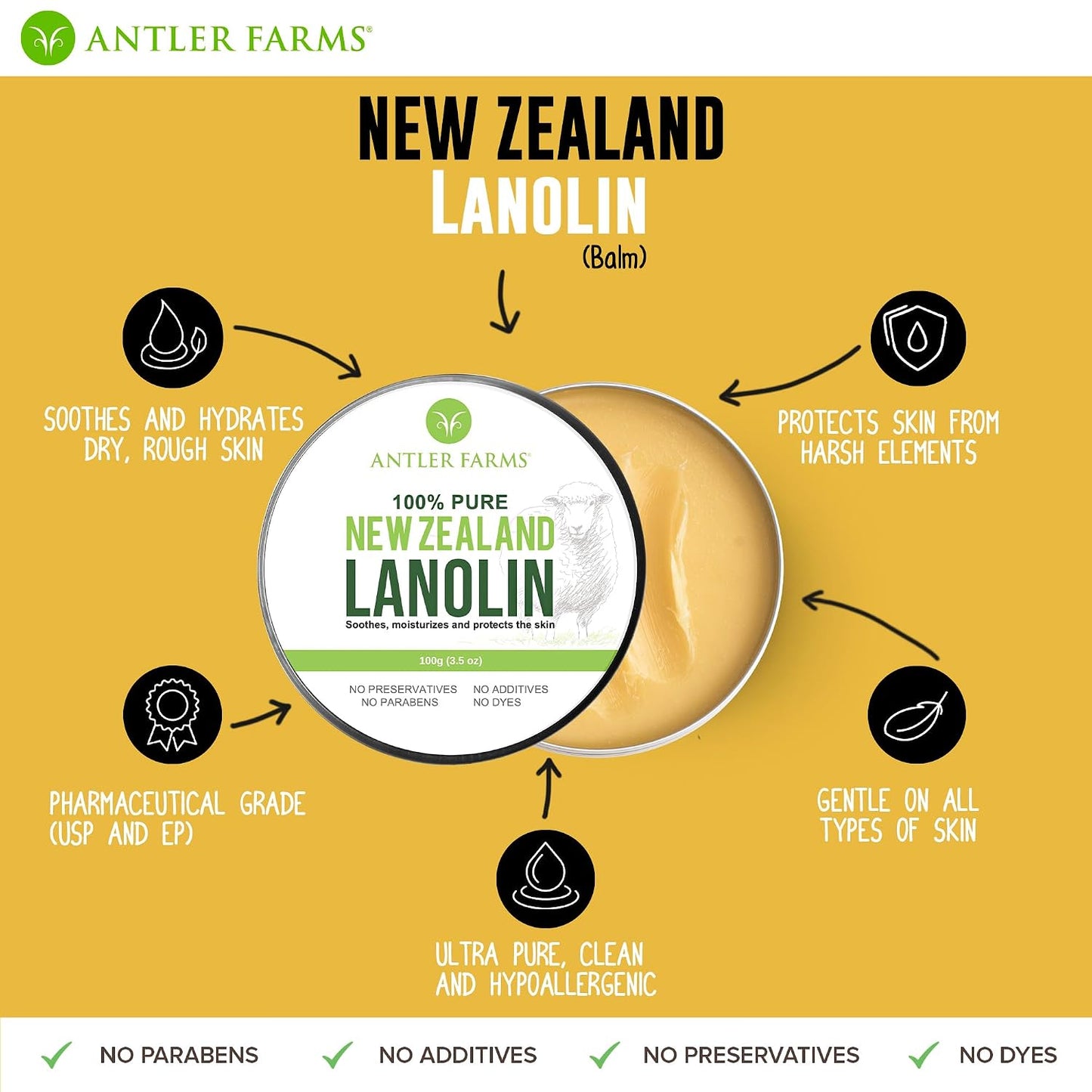 Antler Farms - 100% Pure New Zealand Lanolin, 100g | Skin Moisturizer and Protectant, Refined USP Grade Balm Lanolin Nipple Cream, Lip Balm