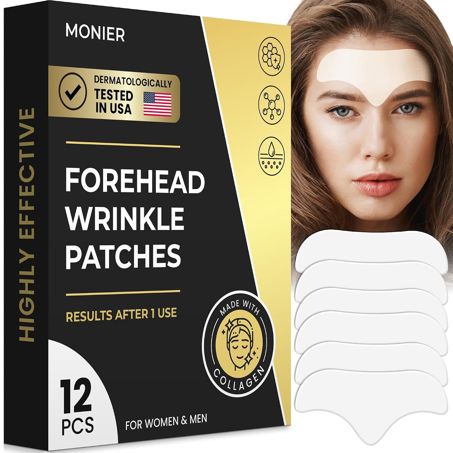 MONIER Forehead Wrinkle Patches Smoothing Overnight - Anti Wrinkle Patches | For Face And Forehead Fine Lines & Frown Lines, With Aloe, Collagen, Vitamin E, Hyaluronic Acid, 12 Pcs