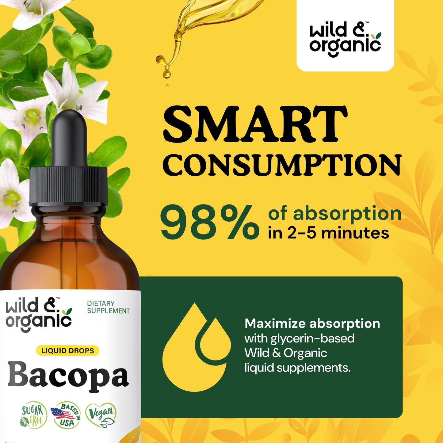 Wild & Organic Bacopa Monnieri Supplement - Brain & Focus Support - Bacopa Extract Liquid Drops - Brahmi Herb Tincture to Add to Tea - 5-Month Supply - Vegan, Sugar & Alcohol-Free - 4 fl oz