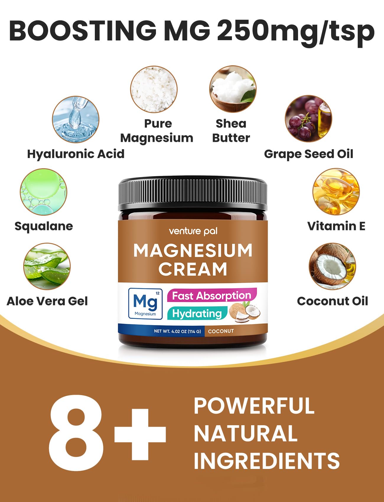Venture Pal Topical Magnesium Cream, Highly Concentrated Magnesium Lotion | Fast-Absorbing Magnesium Moisturizing Cream with Coconut Oil, Shea Butter & Hyaluronic Acid; Suitable for Kids