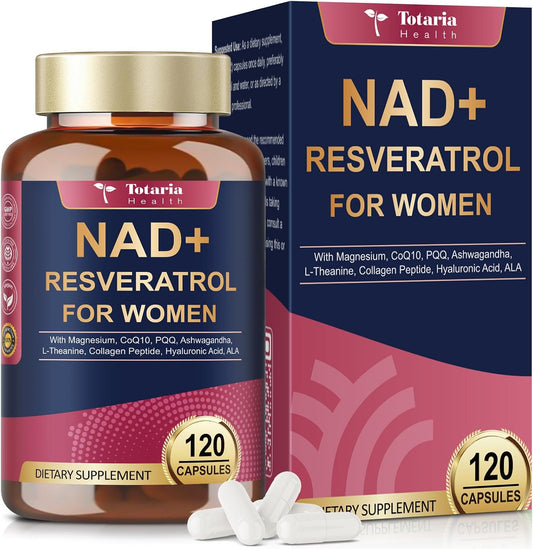 Totaria NAD+ Supplement for Women - NAD Trans-Resveratrol Supplement with Magnesium,CoQ10,PQQ, Ashwagandha,Collagen Peptide - NMN & NMNH Alternative - Cellular Renewal & Energy - 120 Capsules