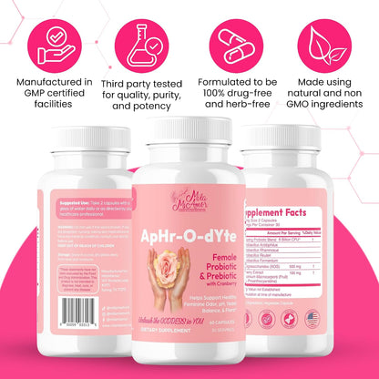 Mila Miamor ApHr-O-dYte Women’s Probiotic and Prebiotic with Cranberry - Gluten-Free, Non-GMO Supplement for Feminine Health, pH Balance, Odor Control, Urinary Tract - 60 Capsules