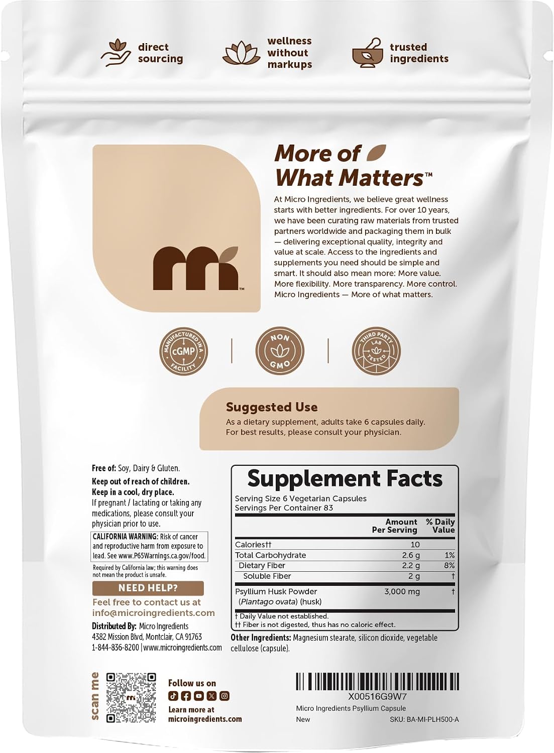 Micro Ingredients Psyllium Husk Capsules 3000mg Per Serving, 500 Veg Caps | Soluble Prebiotic Fiber Supplement for Women & Men | Daily Psyllium Husk Fiber Pills | 83 Servings | Non-GMO, Gluten Free