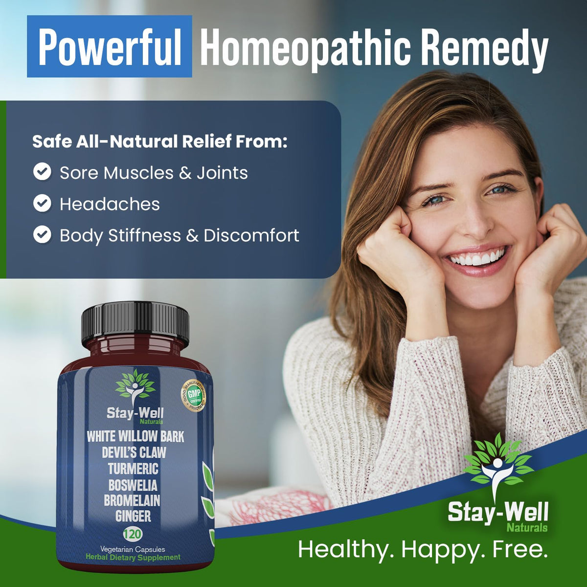 Stay-Well Naturals Pain Relief- White Willow Bark Extract, Devil's Claw, Turmeric, Boswellia