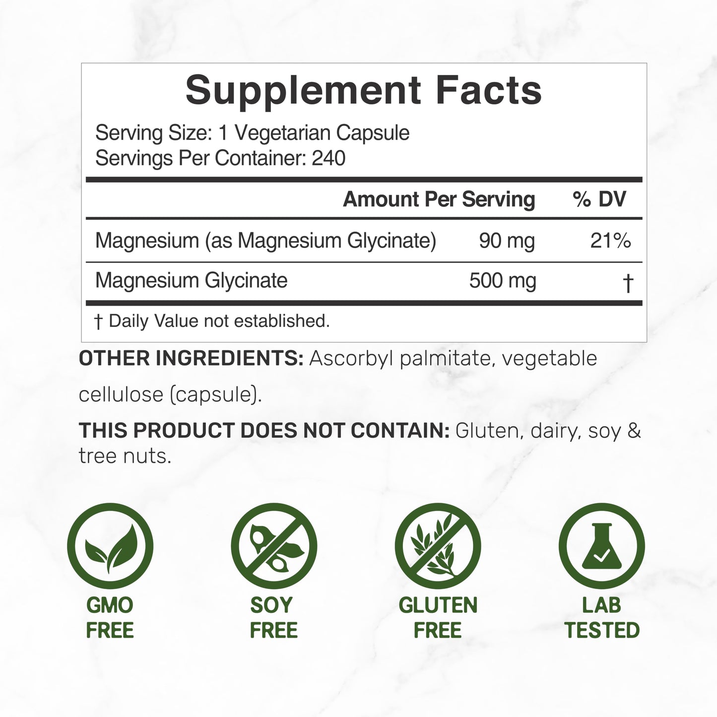 Deal Supplement Magnesium Glycinate 500mg, 240 Veggie Capsules | 100% Chelated for Easy Absorption | Essential Mineral Supplement | Non-GMO, Gluten-Free