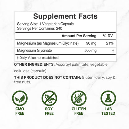 Deal Supplement Magnesium Glycinate 500mg, 240 Veggie Capsules | 100% Chelated for Easy Absorption | Essential Mineral Supplement | Non-GMO, Gluten-Free