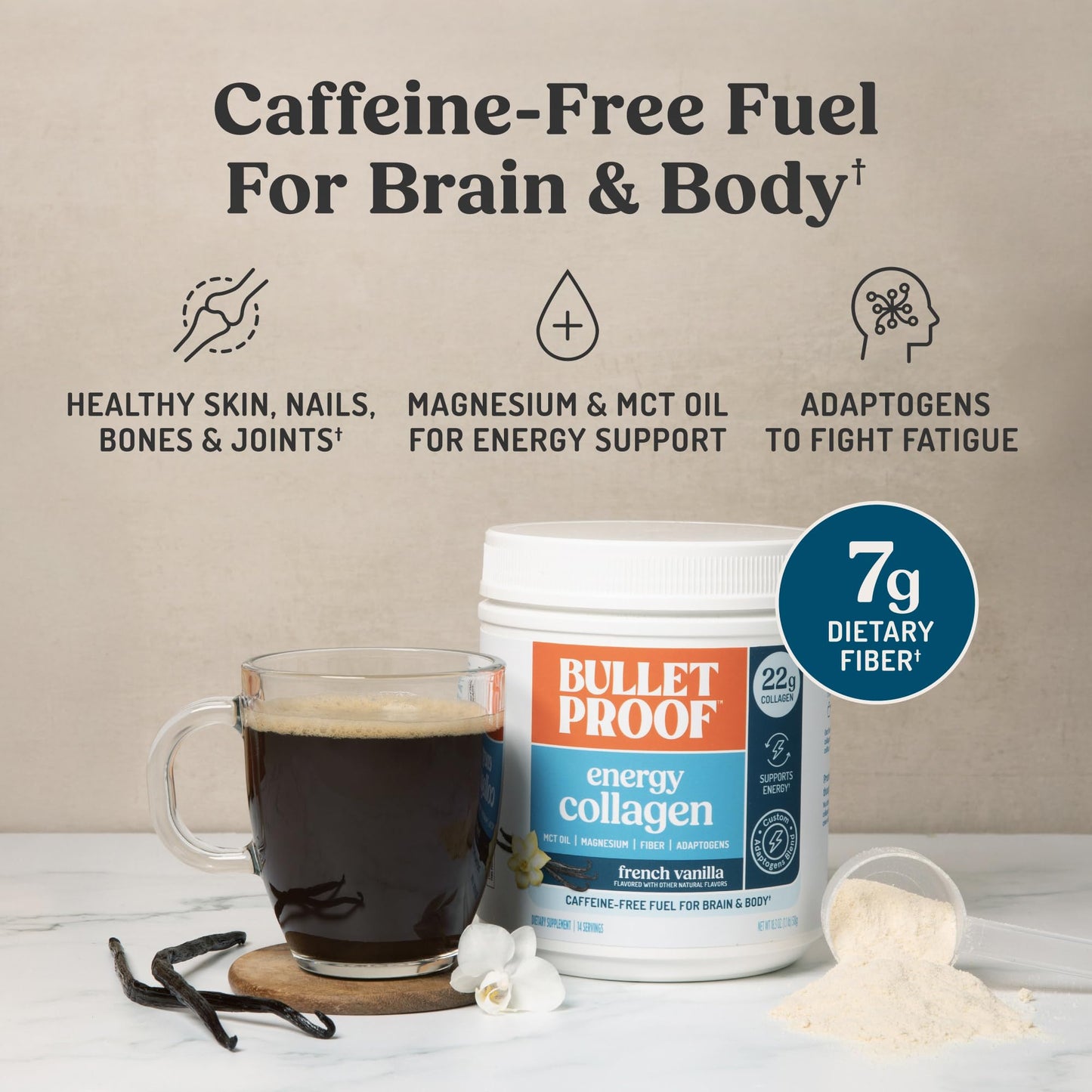 Bulletproof Energy Collagen Protein Powder, Vanilla Bean, 20g Grass-Fed Collagen Peptides, 7g Fiber with MCT Oil & Adaptogens, Caffeine-Free, 18.3 Ounces