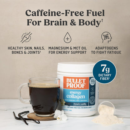 Bulletproof Energy Collagen Protein Powder, Vanilla Bean, 20g Grass-Fed Collagen Peptides, 7g Fiber with MCT Oil & Adaptogens, Caffeine-Free, 18.3 Ounces